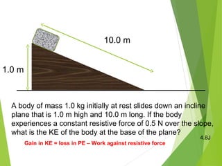 10.0 m
1.0 m
A body of mass 1.0 kg initially at rest slides down an incline
plane that is 1.0 m high and 10.0 m long. If the body
experiences a constant resistive force of 0.5 N over the slope,
what is the KE of the body at the base of the plane?
Gain in KE = loss in PE – Work against resistive force
4.8J
 