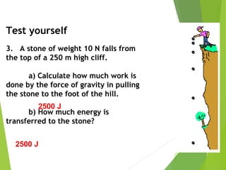 Test yourself
3. A stone of weight 10 N falls from
the top of a 250 m high cliff.
a) Calculate how much work is
done by the force of gravity in pulling
the stone to the foot of the hill.
b) How much energy is
transferred to the stone?
2500 J
2500 J
 