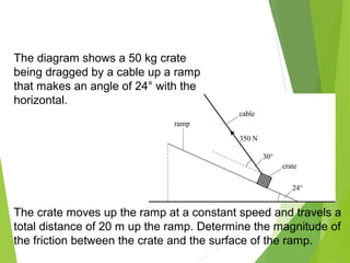 The diagram shows a 50 kg crate
being dragged by a cable up a ramp
that makes an angle of 24° with the
horizontal.
The crate moves up the ramp at a constant speed and travels a
total distance of 20 m up the ramp. Determine the magnitude of
the friction between the crate and the surface of the ramp.
 
