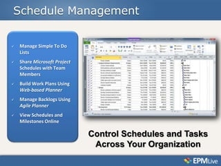 Schedule Management


   Manage Simple To Do
    Lists
   Share Microsoft Project
    Schedules with Team
    Members
   Build Work Plans Using
    Web-based Planner
   Manage Backlogs Using
    Agile Planner
   View Schedules and
    Milestones Online

                              Control Schedules and Tasks
                               Across Your Organization
 