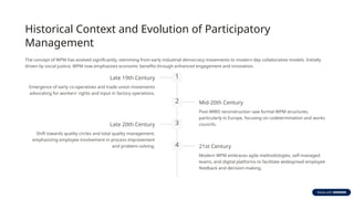 Historical Context and Evolution of Participatory
Management
The concept of WPM has evolved significantly, stemming from early industrial democracy movements to modern-day collaborative models. Initially
driven by social justice, WPM now emphasizes economic benefits through enhanced engagement and innovation.
1
Late 19th Century
Emergence of early co-operatives and trade union movements
advocating for workers' rights and input in factory operations.
2 Mid-20th Century
Post-WWII reconstruction saw formal WPM structures,
particularly in Europe, focusing on codetermination and works
councils.
3
Late 20th Century
Shift towards quality circles and total quality management,
emphasizing employee involvement in process improvement
and problem-solving. 4 21st Century
Modern WPM embraces agile methodologies, self-managed
teams, and digital platforms to facilitate widespread employee
feedback and decision-making.
 