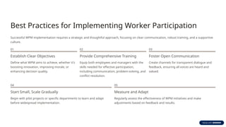 Best Practices for Implementing Worker Participation
Successful WPM implementation requires a strategic and thoughtful approach, focusing on clear communication, robust training, and a supportive
culture.
01
Establish Clear Objectives
Define what WPM aims to achieve, whether it's
boosting innovation, improving morale, or
enhancing decision quality.
02
Provide Comprehensive Training
Equip both employees and managers with the
skills needed for effective participation,
including communication, problem-solving, and
conflict resolution.
03
Foster Open Communication
Create channels for transparent dialogue and
feedback, ensuring all voices are heard and
valued.
04
Start Small, Scale Gradually
Begin with pilot projects or specific departments to learn and adapt
before widespread implementation.
05
Measure and Adapt
Regularly assess the effectiveness of WPM initiatives and make
adjustments based on feedback and results.
 