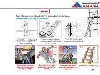 Many falls occur while ascending to / or descending from the ladder
Maintain three point contacts
two hands & one foot or two
feet & one hand.
Face the ladder when
ascending or descending.
Safe method for getting on / off ladder
Clean muddy or slippery
footwear, check the rung for
slippery surface
Don't use makeshift ladder.Don’t use metal ladder
near energized electrical
equipments
Don’t stretch or reach
beyond the side rails of
ladder.
Never stand any higher
than the third step from
the top of a ladder.
27
Ladders
 
