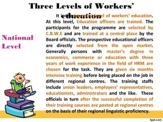 Three Levels of Workers’
educationIt is the top most level of workers’ education.
At this level, Education officers are trained. The
participants for the programme are selected by
C.B.W.E and are trained at a central place by the
Board officials. The prospective educational officers
are directly selected from the open market.
Generally persons with master’s degree in
economics, commerce or education with three
years of work experience in the field of HRM are
chosen for the task. They are given six months
intensive training before being placed on the job in
different regional centres. The training staffs
include union leaders, employers’ representatives,
educationists, administrators and the like. These
officials in turn after the successful completion of
their training courses are posted at regional centres
on the basis of their regional linguistic proficiency.
National
Level
 