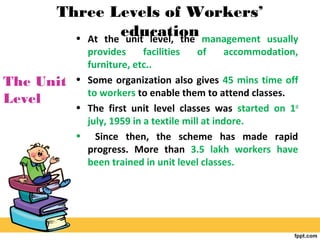 Three Levels of Workers’
education• At the unit level, the management usually
provides facilities of accommodation,
furniture, etc..
• Some organization also gives 45 mins time off
to workers to enable them to attend classes.
• The first unit level classes was started on 1st
july, 1959 in a textile mill at indore.
• Since then, the scheme has made rapid
progress. More than 3.5 lakh workers have
been trained in unit level classes.
The Unit
Level
 