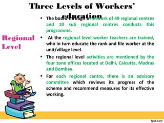 Three Levels of Workers’
education• The board through a network of 49 regional centres
and 10 sub regional centres conducts this
programme.
• At the regional level worker teachers are trained,
who in turn educate the rank and file worker at the
unit/village level.
• The regional level activities are mentioned by the
four zone offices located at Delhi, Calcutta, Madras
and Bombay.
• For each regional centre, there is an advisory
committee which reviews its progress of the
scheme and recommend measures for its effective
working.
Regional
Level
 