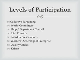 
 Collective Bargaining
 Works Committees
 Shop / Department Council
 Joint Councils
 Board Representations
 Workers Ownership of Enterprise
 Quality Circles
 Kaizen
Levels of Participation
 