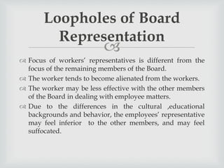 
 Focus of workers’ representatives is different from the
focus of the remaining members of the Board.
 The worker tends to become alienated from the workers.
 The worker may be less effective with the other members
of the Board in dealing with employee matters.
 Due to the differences in the cultural ,educational
backgrounds and behavior, the employees’ representative
may feel inferior to the other members, and may feel
suffocated.
Loopholes of Board
Representation
 