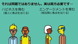 ハピネスを育む
（個人に焦点を当てる）
エンゲージメントを育む
（相互間に焦点を当てる）
それは問題ではありません。実は両方必要です…
 