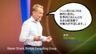 NWorks
www.nuworks.jp
13
2030ˤϤ?
Ĥˉ仯?
ĤˤۤȤɤ?
󤭤ʽUg?
P㤷ޤ?
Rainer Strack, Boston Consulting Group
ο:
TED Video,
https://www.ted.com/talks/
rainer_strack_the_surprising_workforce_crisis_of_2030
_and_how_to_start_solving_it_now
 