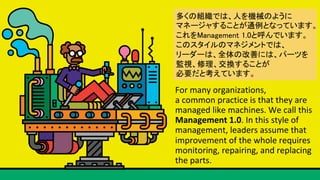For	many	organizations,		
a	common	practice	is	that	they	are	
managed	like	machines.	We	call	this	
Management	1.0.	In	this	style	of	
management,	leaders	assume	that	
improvement	of	the	whole	requires	
monitoring,	repairing,	and	replacing	
the	parts.	
यνMǤϡˤCеΤ褦?
ޥͩ`㤹뤳ȤͨȤʤäƤޤ	
Management 1.0ȺǤޤ	
ΥΥޥͥȤǤϡ?
``ϡȫθƤˤϡѩ`Ĥ?
OҕQ뤳Ȥ?
ҪȿƤޤ	
 