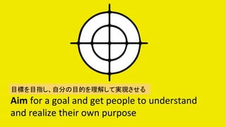 Aim	for	a	goal	and	get	people	to	understand	
and	realize	their	own	purpose	
ĿˤĿָԷ֤ĿĤ⤷ƌgF	
 