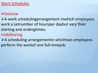 Work Schedules
•Flextime
A work schedulingarrangement inwhich employees
work a setnumber of hoursper daybut vary their
starting and endingtimes.
•JobSharing
A scheduling arrangementin whichtwo employees
perform the workof one full-timejob.
 