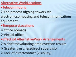 Alternative WorkLocations
•Telecommuting
The process ofgoing towork via
electroniccomputing and telecommunications
equipment.
•TemporaryLocations
Office nomads
Virtual office
•Effectsof AlternativeWork Arrangements
A shift toevaluating employeeson results
Greater trust, lessdirect supervisio
Lack of directcontact (visibility)
 