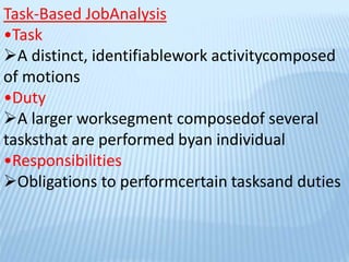 Task-Based JobAnalysis
•Task
A distinct, identifiablework activitycomposed
of motions
•Duty
A larger worksegment composedof several
tasksthat are performed byan individual
•Responsibilities
Obligations to performcertain tasksand duties
 