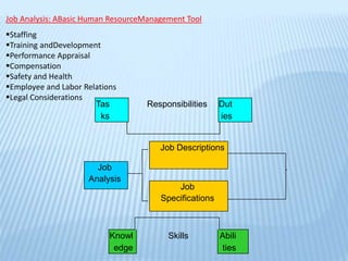 Tas
ks
Responsibilities Dut
ies
Job
Analysis
Job Descriptions
Job
Specifications
Job Analysis: ABasic Human ResourceManagement Tool
Staffing
Training andDevelopment
Performance Appraisal
Compensation
Safety and Health
Employee and Labor Relations
Legal Considerations
Knowl
edge
Skills Abili
ties
 