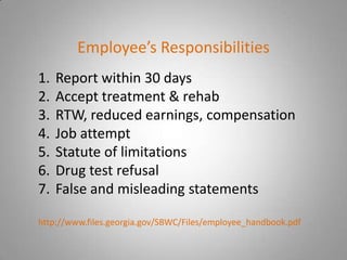 Employee’s Responsibilities
1.   Report within 30 days
2.   Accept treatment & rehab
3.   RTW, reduced earnings, compensation
4.   Job attempt
5.   Statute of limitations
6.   Drug test refusal
7.   False and misleading statements

http://www.files.georgia.gov/SBWC/Files/employee_handbook.pdf
 