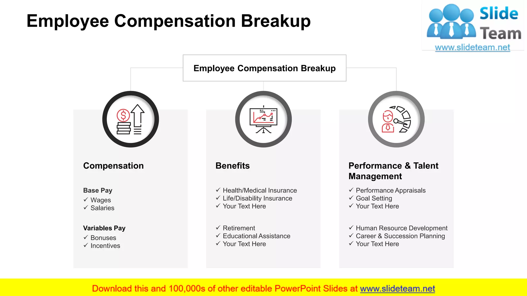 Employee Compensation Breakup
5
Employee Compensation Breakup
Compensation
Base Pay
✓ Wages
✓ Salaries
Variables Pay
✓ Bonuses
✓ Incentives
Benefits
✓ Health/Medical Insurance
✓ Life/Disability Insurance
✓ Your Text Here
✓ Retirement
✓ Educational Assistance
✓ Your Text Here
Performance & Talent
Management
✓ Performance Appraisals
✓ Goal Setting
✓ Your Text Here
✓ Human Resource Development
✓ Career & Succession Planning
✓ Your Text Here
 