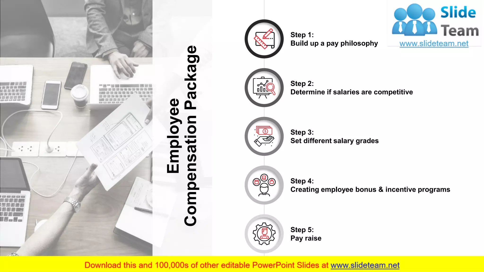 8
Employee
CompensationPackage
Step 1:
Build up a pay philosophy
Step 2:
Determine if salaries are competitive
Step 3:
Set different salary grades
Step 4:
Creating employee bonus & incentive programs
Step 5:
Pay raise
 
