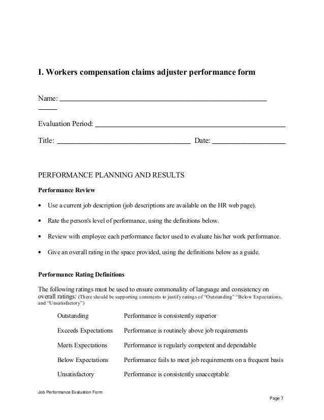 Workers compensation claims adjuster performance appraisal