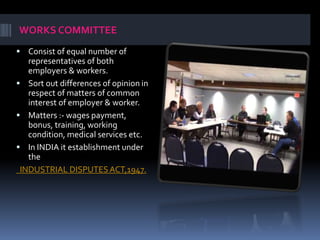 WORKS COMMITTEE
 Consist of equal number of
representatives of both
employers & workers.
 Sort out differences of opinion in
respect of matters of common
interest of employer & worker.
 Matters :- wages payment,
bonus, training, working
condition, medical services etc.
 In INDIA it establishment under
the
INDUSTRIAL DISPUTESACT,1947.
 