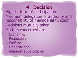 4. Decision

•
•
•
•

Highest form of participation.
Maximum delegation of authority and
responsibility of managerial function.
Decisions mutually taken.
Matters concerned are
–
–
–

–
–

Economic,
Production
Welfare
Financial and
Administrative policies

 