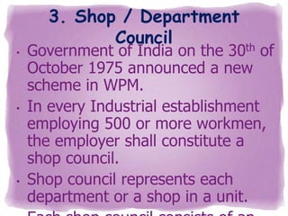•

•

•

3. Shop / Department
Council

Government of India on the 30th of
October 1975 announced a new
scheme in WPM.
In every Industrial establishment
employing 500 or more workmen,
the employer shall constitute a
shop council.
Shop council represents each
department or a shop in a unit.

 