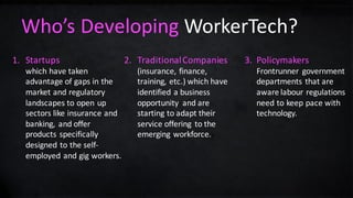 Who’s	Developing	WorkerTech?
1. Startups
which	have	taken	
advantage	of	gaps	in	the	
market	and	regulatory	
landscapes	to	...