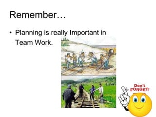Remember…
• Planning is really Important in
Team Work.
 