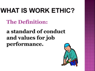 The Definition:
a standard of conduct
and values for job
performance.
 