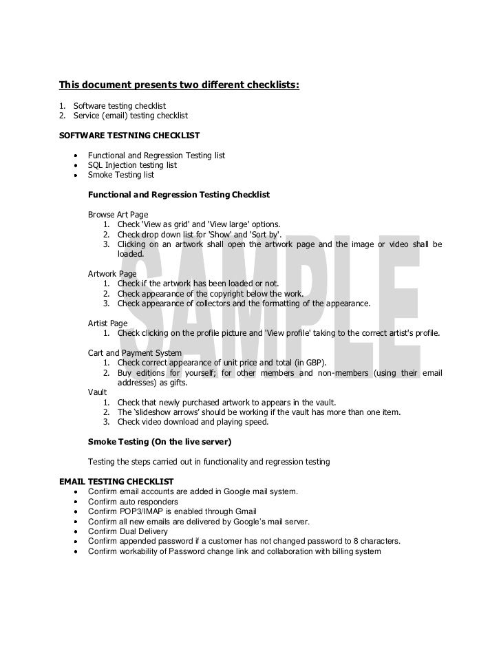 work example testing checklist check list example