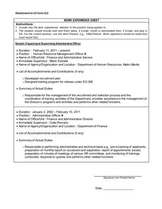 Work Experience Sheet Attachment To Cs Form No 212 Wo - vrogue.co