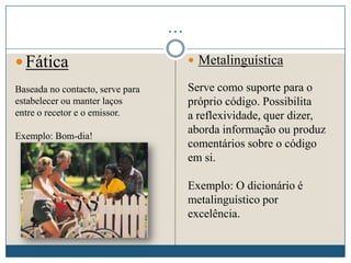…
 Fática
Baseada no contacto, serve para
estabelecer ou manter laços
entre o recetor e o emissor.
Exemplo: Bom-dia!
 Metalinguística
Serve como suporte para o
próprio código. Possibilita
a reflexividade, quer dizer,
aborda informação ou produz
comentários sobre o código
em si.
Exemplo: O dicionário é
metalinguístico por
excelência.
 