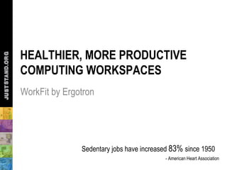 HEALTHIER, MORE PRODUCTIVE
COMPUTING WORKSPACES
WorkFit by Ergotron




               Sedentary jobs have increased 83% since 1950
                                          - American Heart Association
 