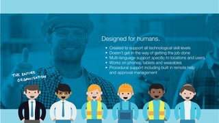 Designed for humans.
• Created to support all technological skill levels
• Doesn’t get in the way of getting the job done
• Multi-language support specific to locations and users
• Works on phones, tablets and wearables
• Procedural support including built in remote help
and approval management
 