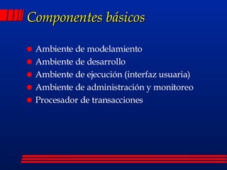 Componentes básicos Ambiente de modelamiento Ambiente de desarrollo  Ambiente de ejecución (interfaz usuaria) Ambiente de administración y monitoreo Procesador de transacciones 