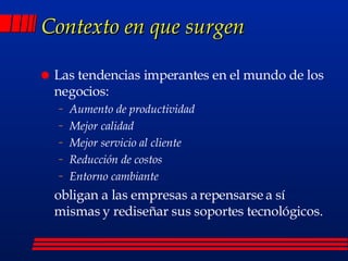 Contexto en que surgen  Las tendencias imperantes en el mundo de los negocios: Aumento de productividad Mejor calidad Mejor servicio al cliente Reducción de costos Entorno cambiante obligan a las empresas a repensarse a sí mismas y rediseñar sus soportes tecnológicos.  