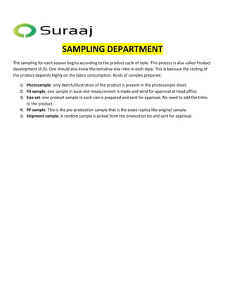 SAMPLING DEPARTMENT 
The sampling for each season begins according to the product cycle of style. This process is also called Product 
development (P.D). One should also know the tentative size ratio in each style. This is because the costing of 
the product depends highly on the fabric consumption. Kinds of samples prepared: 
1) Photosample: only sketch/illustration of the product is present in the photosample sheet. 
2) Fit sample: one sample in base size measurement is made and send for approval at head office. 
3) Size set: one product sample in each size is prepared and sent for approval. No need to add the trims 
to the product. 
4) PP sample: This is the pre-production sample that is the exact replica like original sample. 
5) Shipment sample: A random sample is picked from the production lot and sent for approval. 
 