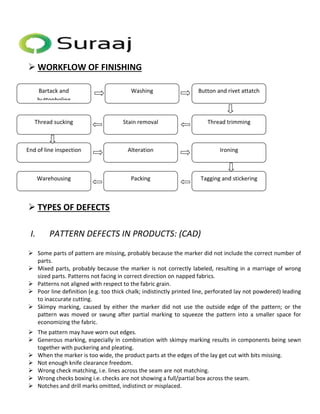  WORKFLOW OF FINISHING 
Bartack and 
buttonholing 
Thread sucking Stain removal Thread trimming 
End of line inspection Alteration Ironing 
Warehousing Packing Tagging and stickering 
 TYPES OF DEFECTS 
Washing Button and rivet attatch 
I. PATTERN DEFECTS IN PRODUCTS: (CAD) 
 Some parts of pattern are missing, probably because the marker did not include the correct number of 
parts. 
 Mixed parts, probably because the marker is not correctly labeled, resulting in a marriage of wrong 
sized parts. Patterns not facing in correct direction on napped fabrics. 
 Patterns not aligned with respect to the fabric grain. 
 Poor line definition (e.g. too thick chalk; indistinctly printed line, perforated lay not powdered) leading 
to inaccurate cutting. 
 Skimpy marking, caused by either the marker did not use the outside edge of the pattern; or the 
pattern was moved or swung after partial marking to squeeze the pattern into a smaller space for 
economizing the fabric. 
 The pattern may have worn out edges. 
 Generous marking, especially in combination with skimpy marking results in components being sewn 
together with puckering and pleating. 
 When the marker is too wide, the product parts at the edges of the lay get cut with bits missing. 
 Not enough knife clearance freedom. 
 Wrong check matching, i.e. lines across the seam are not matching. 
 Wrong checks boxing i.e. checks are not showing a full/partial box across the seam. 
 Notches and drill marks omitted, indistinct or misplaced. 
 