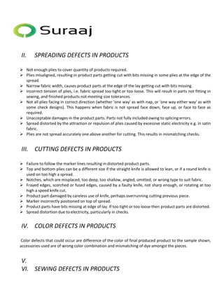 II. SPREADING DEFECTS IN PRODUCTS 
 Not enough plies to cover quantity of products required. 
 Plies misaligned, resulting in product parts getting cut with bits missing in some plies at the edge of the 
spread. 
 Narrow fabric width, causes product parts at the edge of the lay getting cut with bits missing. 
 Incorrect tension of plies, i.e. fabric spread too tight or too loose. This will result in parts not fitting in 
sewing, and finished products not meeting size tolerances. 
 Not all plies facing in correct direction (whether 'one way' as with nap, or 'one way either way' as with 
some check designs). This happens when fabric is not spread face down, face up, or face to face as 
required. 
 Unacceptable damages in the product parts. Parts not fully included owing to splicing errors. 
 Spread distorted by the attraction or repulsion of plies caused by excessive static electricity e.g. in satin 
fabric. 
 Plies are not spread accurately one above another for cutting. This results in mismatching checks. 
III. CUTTING DEFECTS IN PRODUCTS 
 Failure to follow the marker lines resulting in distorted product parts. 
 Top and bottom plies can be a different size if the straight knife is allowed to lean, or if a round knife is 
used on too high a spread. 
 Notches, which are misplaced, too deep, too shallow, angled, omitted, or wrong type to suit fabric. 
 Frayed edges, scorched or fused edges, caused by a faulty knife, not sharp enough, or rotating at too 
high a speed knife cut. 
 Product part damaged by careless use of knife, perhaps overrunning cutting previous piece. 
 Marker incorrectly positioned on top of spread. 
 Product parts have bits missing at edge of lay. If too tight or too loose then product parts are distorted. 
 Spread distortion due to electricity, particularly in checks. 
IV. COLOR DEFECTS IN PRODUCTS 
Color defects that could occur are difference of the color of final produced product to the sample shown, 
accessories used are of wrong color combination and mismatching of dye amongst the pieces. 
V. 
VI. SEWING DEFECTS IN PRODUCTS 
 