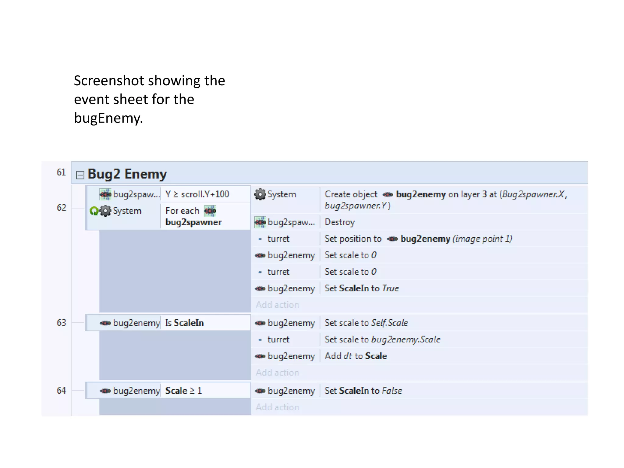 Screenshot showing the
event sheet for the
bugEnemy.
 