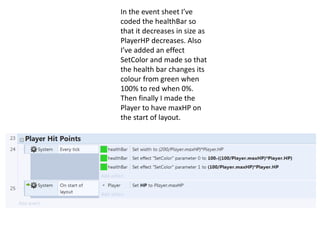 In the event sheet I’ve
coded the healthBar so
that it decreases in size as
PlayerHP decreases. Also
I’ve added an effect
SetColor and made so that
the health bar changes its
colour from green when
100% to red when 0%.
Then finally I made the
Player to have maxHP on
the start of layout.
 