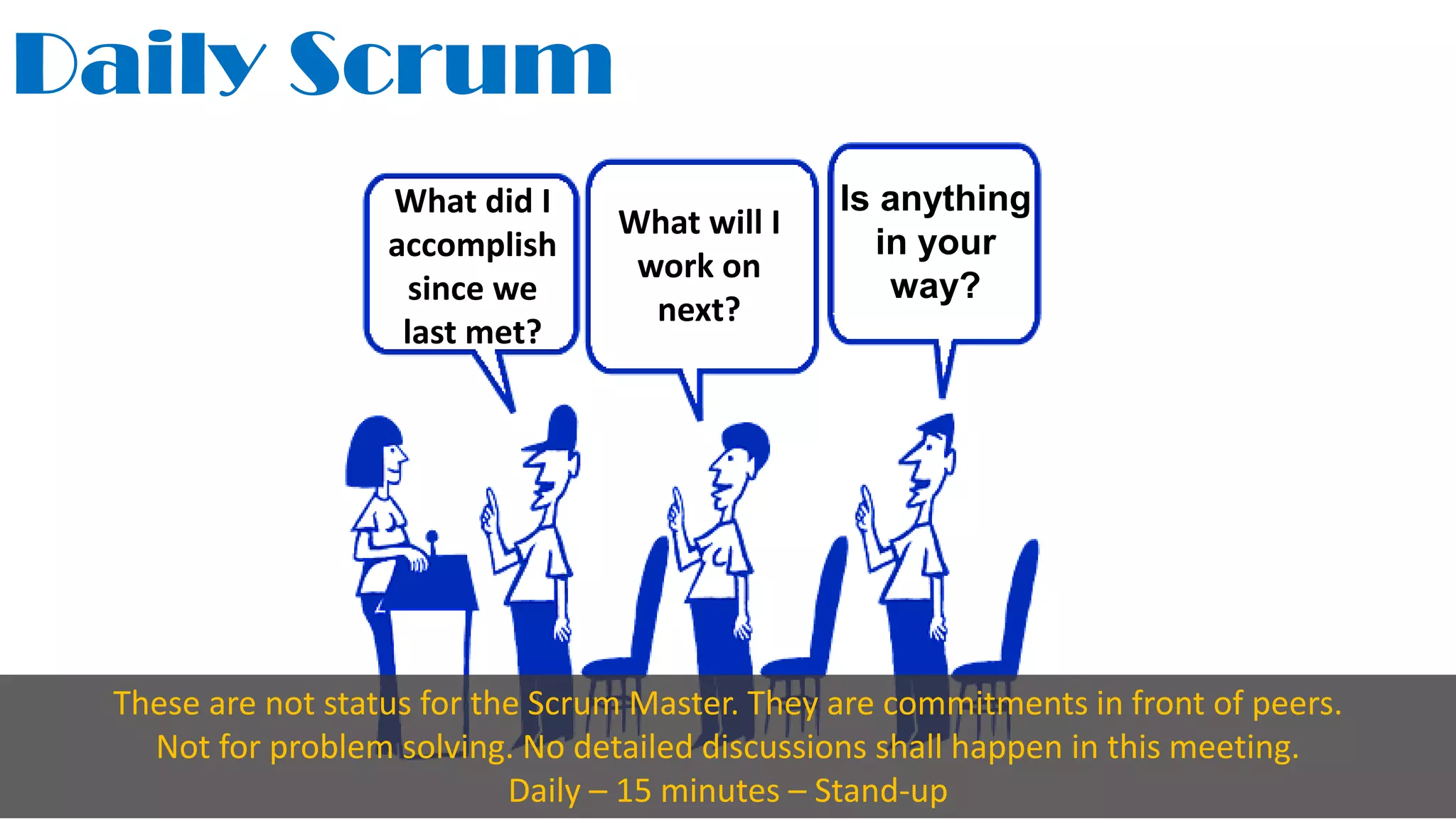 Daily Scrum
What did I
accomplish
since we
last met?
What will I
work on
next?
Is anything
in your
way?
These are not status for the Scrum Master. They are commitments in front of peers.
Not for problem solving. No detailed discussions shall happen in this meeting.
Daily – 15 minutes – Stand-up
 