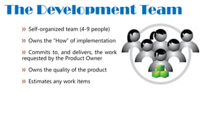 The Development Team
Self-organized team (4-9 people)
Owns the “How” of implementation
Commits to, and delivers, the work
requested by the Product Owner
Owns the quality of the product
Estimates any work items
 
