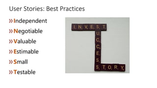 User Stories: Best Practices
Independent
Negotiable
Valuable
Estimable
Small
Testable
 