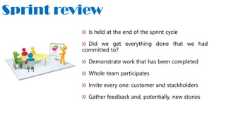 Sprint review
Is held at the end of the sprint cycle
Did we get everything done that we had
committed to?
Demonstrate work that has been completed
Whole team participates
Invite every one: customer and stackholders
Gather feedback and, potentially, new stories
 