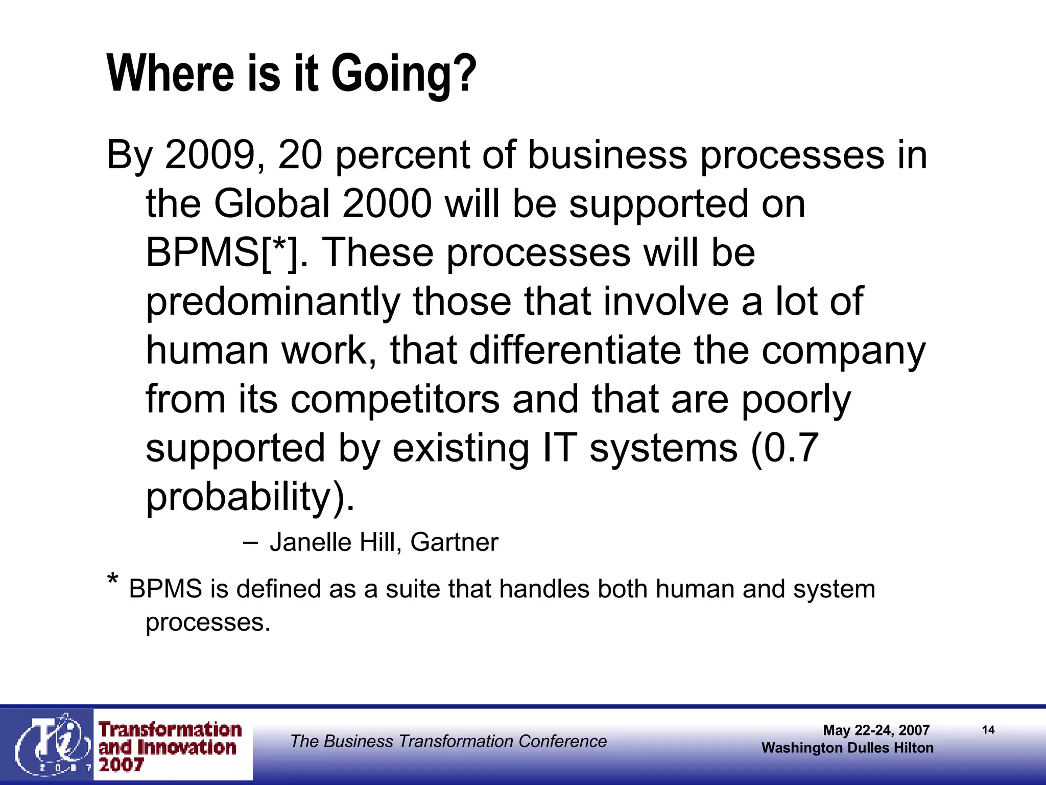Where is it Going? By 2009, 20 percent of business processes in the Global 2000 will be supported on BPMS[*]. These processes will be predominantly those that involve a lot of human work, that differentiate the company from its competitors and that are poorly supported by existing IT systems (0.7 probability). Janelle Hill, Gartner *  BPMS is defined as a suite that handles both human and system processes. 