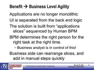 Benefit    Business Level Agility Applications are no longer monolithic UI is separated from the back end logic The solution is built from “applications slices” sequenced by Human BPM BPM determines the right person for the right task at the right time. Business analyst is in control of this! Business side can rearrange slices, and add in manual steps quickly 
