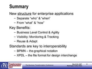 Summary New  structure  for enterprise applications Separate “who” & “when” From “what” & “how” Key Benefits: Business Level Control & Agility Visibility: Monitoring & Tracking Reuse & Adapt Standards are key to interoperability BPMN – the graphical notation XPDL – the file format for design interchange 