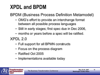 XPDL and BPDM BPDM (Business Process Definition Metamodel) OMG’s effort to provide an interchange format between all possible process languages Still in early stages; first spec due in Dec 2006, months or years before a spec will be ratified. XPDL 2.0 Full support for all BPMN constructs Focus on the process diagram Ratified Oct 2005 Implementations available today 